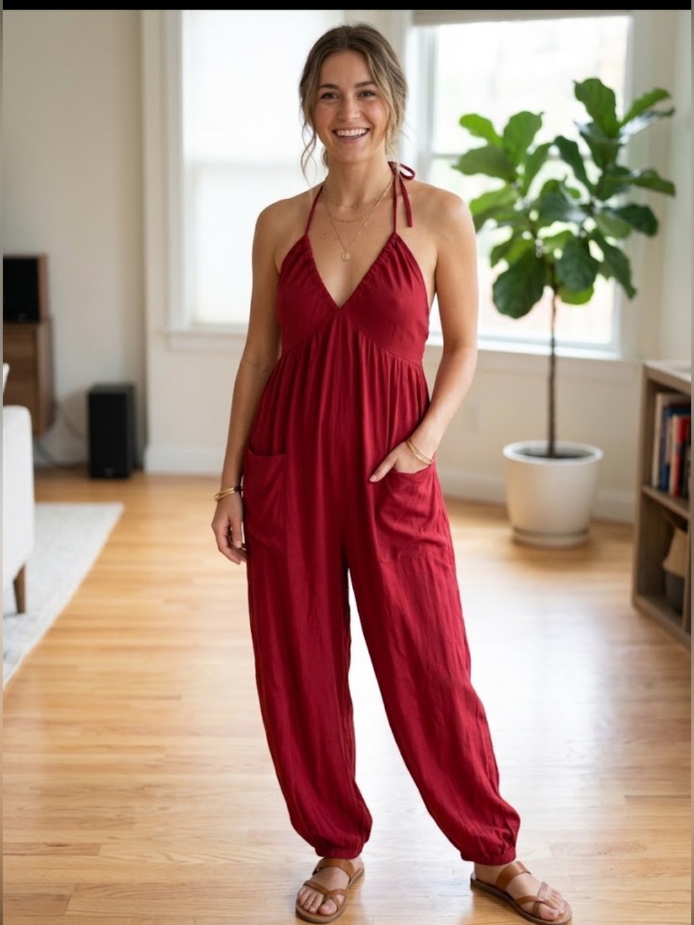 Cupshe Red Halter Jumpsuit with Pockets